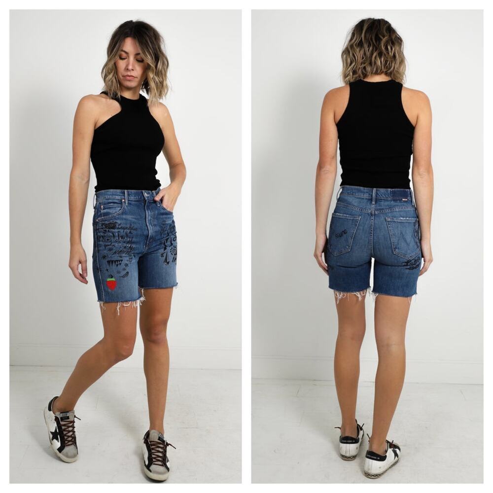 Mother The High Waisted Smoking Short Fray Shorts With Strawberry Patch Size 24